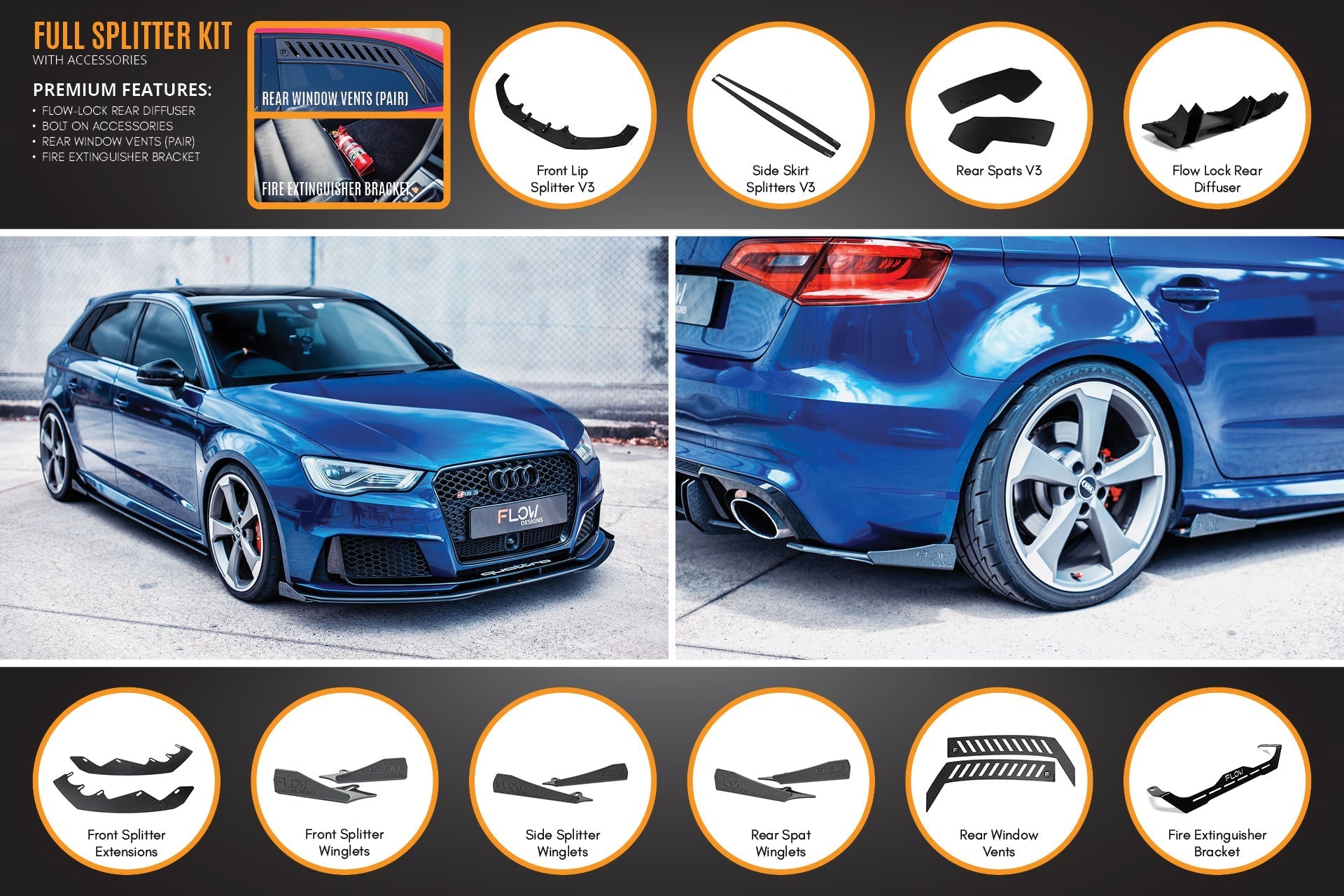 Flow Designs RS3 8V Sportback (Pre-Facelift) Full Lip Splitter Set - iilumolab
