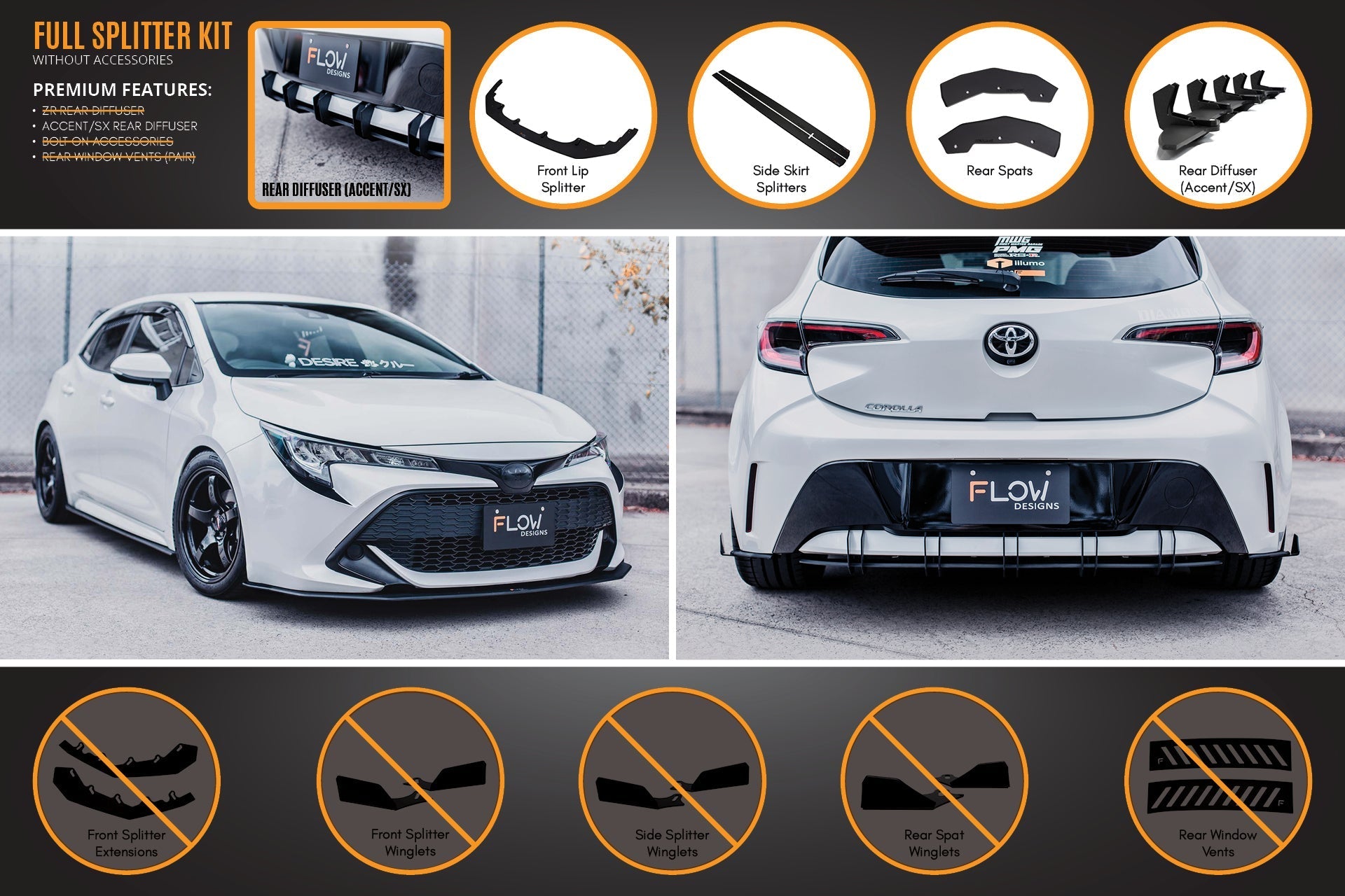 Flow Designs Corolla MZEA12R/ZWE211R 2018-2022 Full Lip Splitter Set - iilumolab