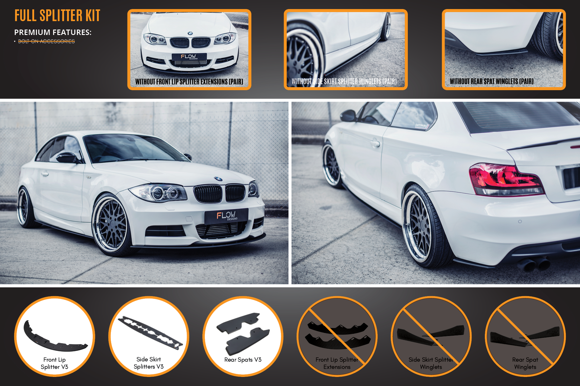Flow Designs E82 M Sport Full Lip Splitter Set - iilumolab