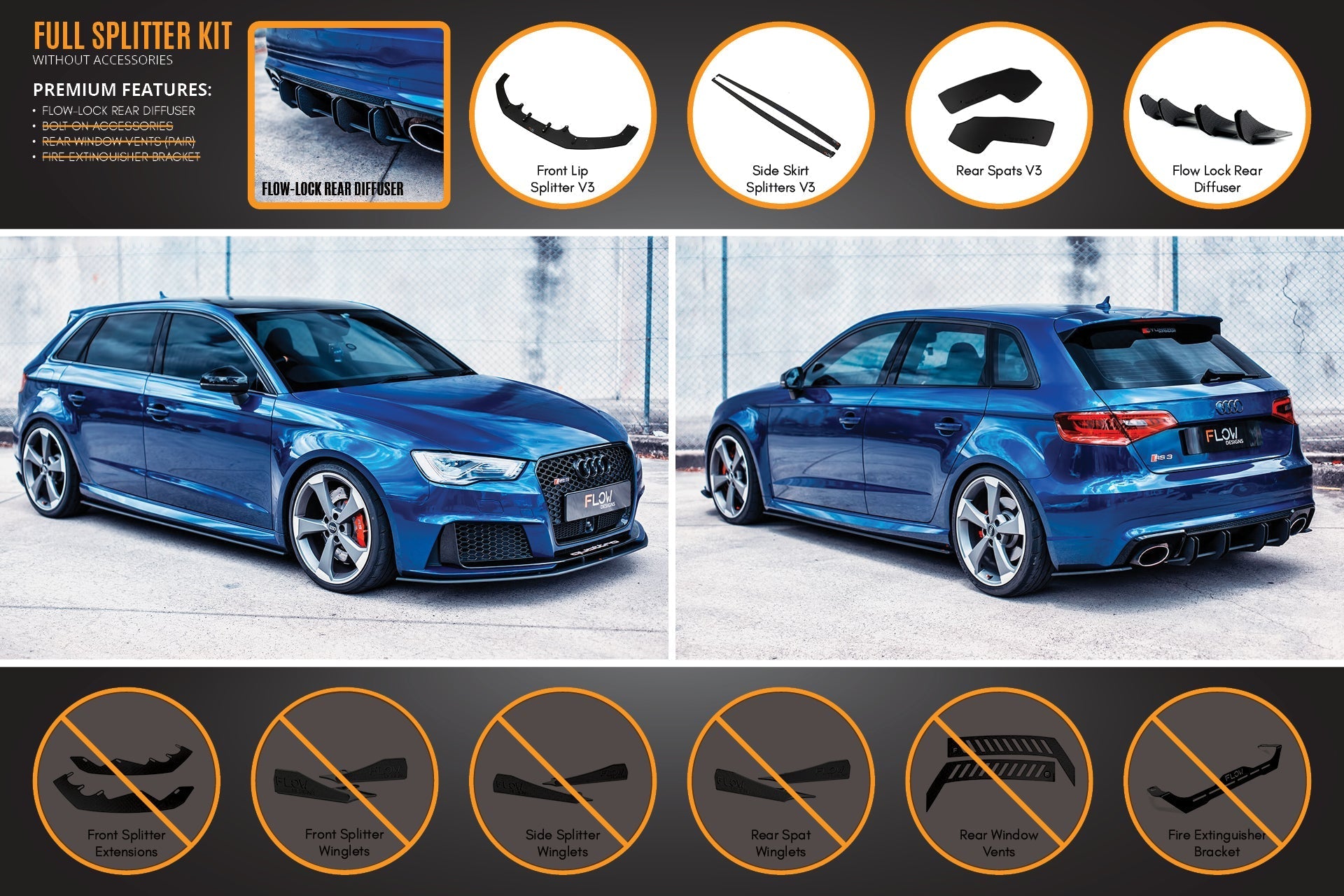 Flow Designs RS3 8V Sportback (Pre-Facelift) Full Lip Splitter Set - iilumolab