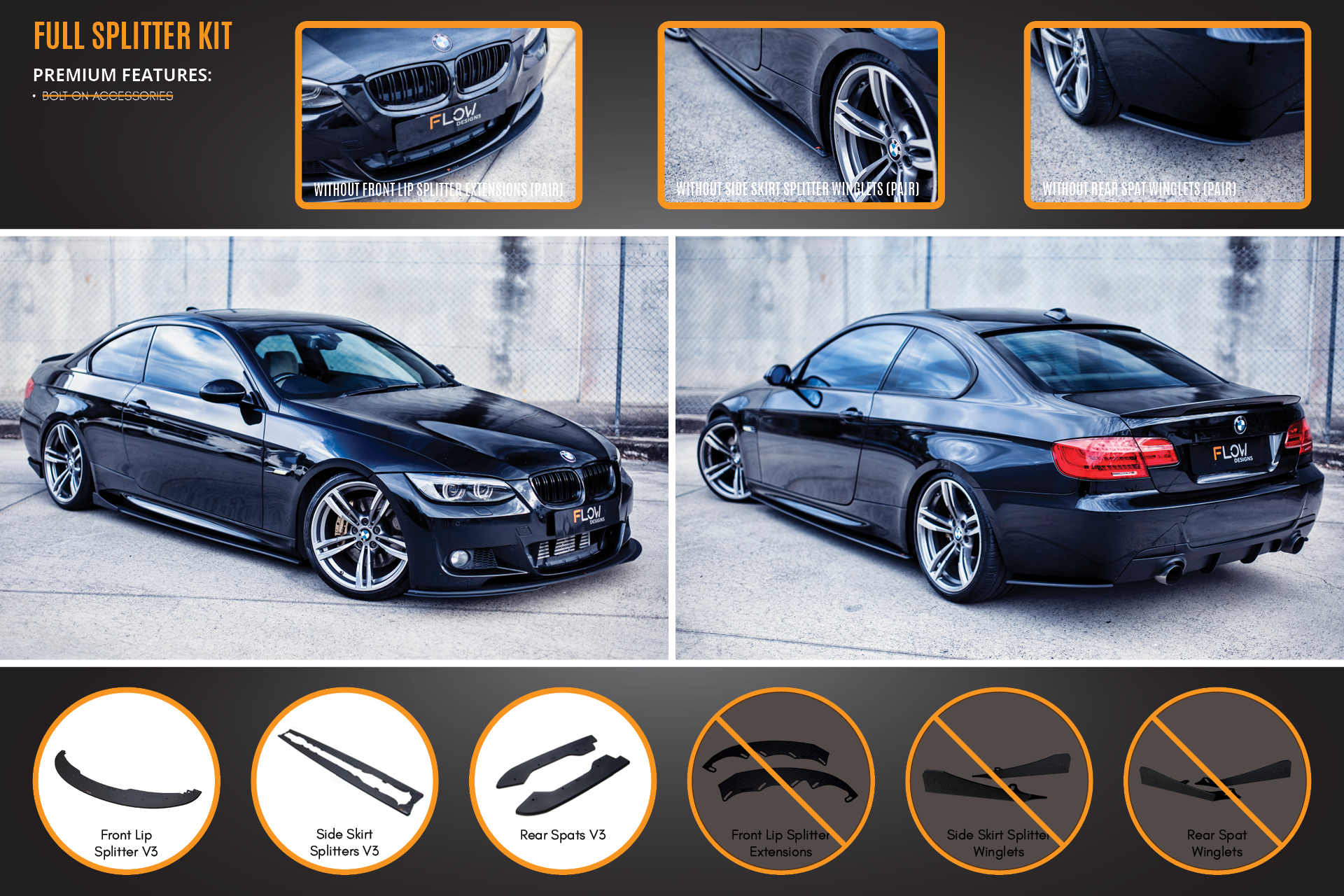 Flow Designs E92 M Pre LCI Sport Full Lip Splitter Set - iilumolab